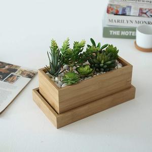 Natural Bamboo Wooden Rectangular Window Box Planter with Removable Drip Tray