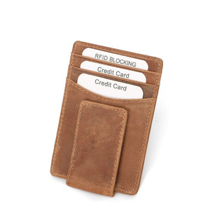 Vintage Genuine Leather Men Crazy Horse Credit Cards Holder Slim <strong>Wallet</strong> <strong>RFID</strong> Blocking Magnetic Money Clip - Product Image 2