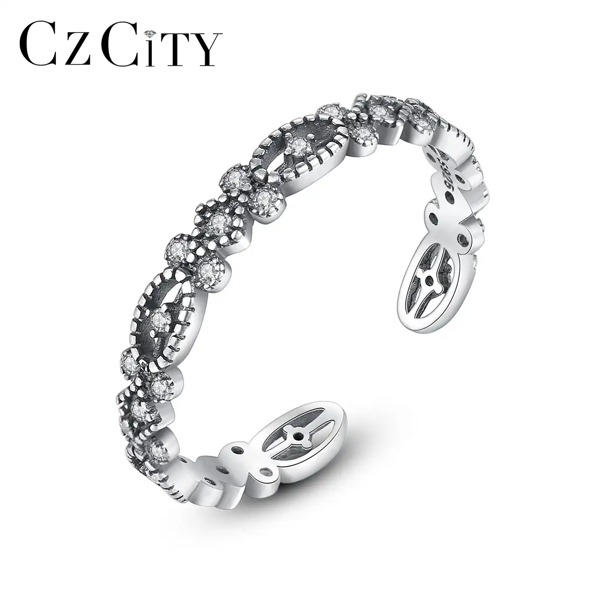 CZCITY新しいデザインヴィンテージタイシルバーリングミニCZパヴェアンティーク婚約指輪女性用結婚式高品質ギフト