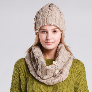 2PC Crochet <strong>Women</strong> Hat Scarf Set Fahion <strong>Beanies</strong> With Button Autumn Winter Knit Scarf Thick Female Bonnet Scarf Set - Product Image 5