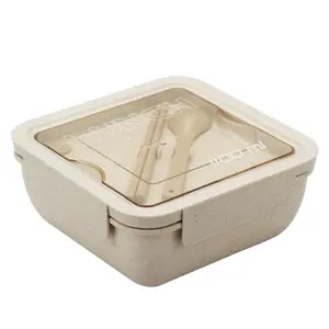Hot Sale Square Wheat Straw Lunch Box With Utenils For Office School Use Green Raw Material Bento Box With Spoon