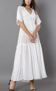 Coton Lin dos nu Décolleté En V Maxi Robe Dernière Nouvelle Conception Longue Blanc Décontracté Robes Midi Femmes Lâche Bohème Plaine Teint - Product Image 2