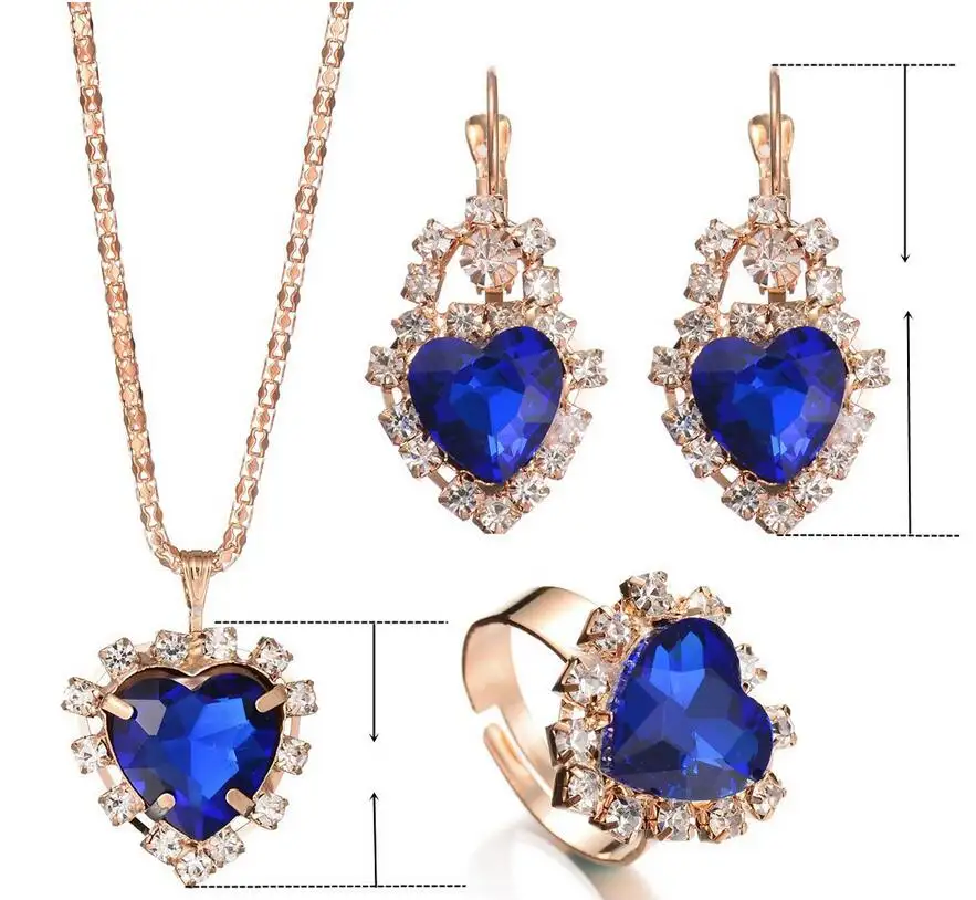 imitation dubai costume gold heart shaped fashion crystal zirconia women necklace jewelry sets, 18k gold jewels jewellery