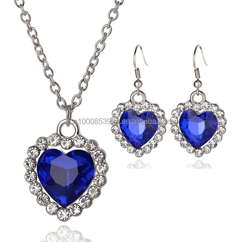Women Wedding Jewelry Set Heart Of The Ocean Titanic Blue Stone Crystal Necklaces Earrings Set