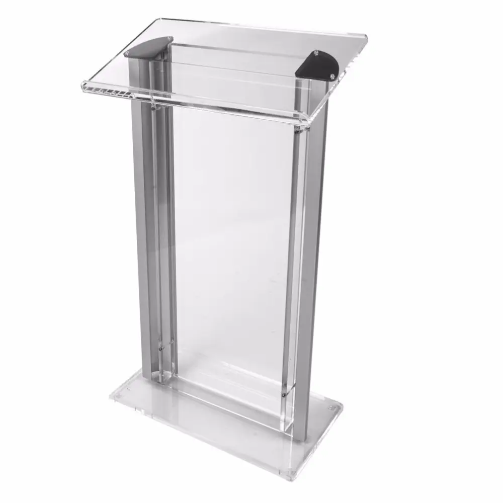 Pupitre numérique acrylique de podium parlant de chaire clair face en aluminium argenté avec boîtier de serrage Ipad