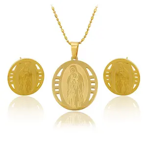 63749 Brand New Unique Pendant Earrings Set Virgin Mary Crystal 14K Gold Fashion Jewelry Set