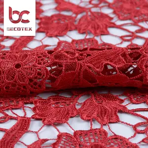 Tissu de dentelle élastique en polyester, pour robe formelle, coréen, dure, couleur rouge, populaire