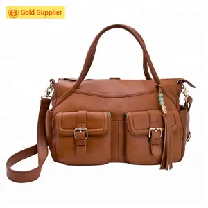 Multi-function baby diaper bag practical genuine leather tote stylish leather nappy bag support oem
