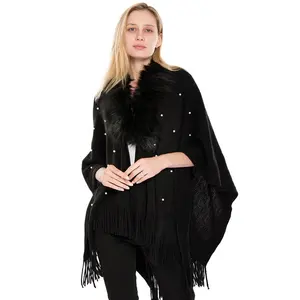 Fashion Design Soft Faux Fur Collar Crochet Open Cardigan Poncho With Pearls Decoration For Ladies