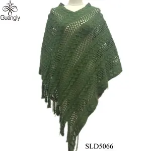 Poncho de crochê acrílico verde inverno popular