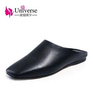 Pantoufles noires en cuir véritable, chaussures chinoises, vente en gros,