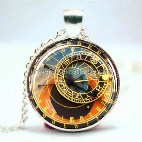 Astronomical Clock Pendant, lock Necklace, Prague necklace Glass Photo Cabochon Necklace