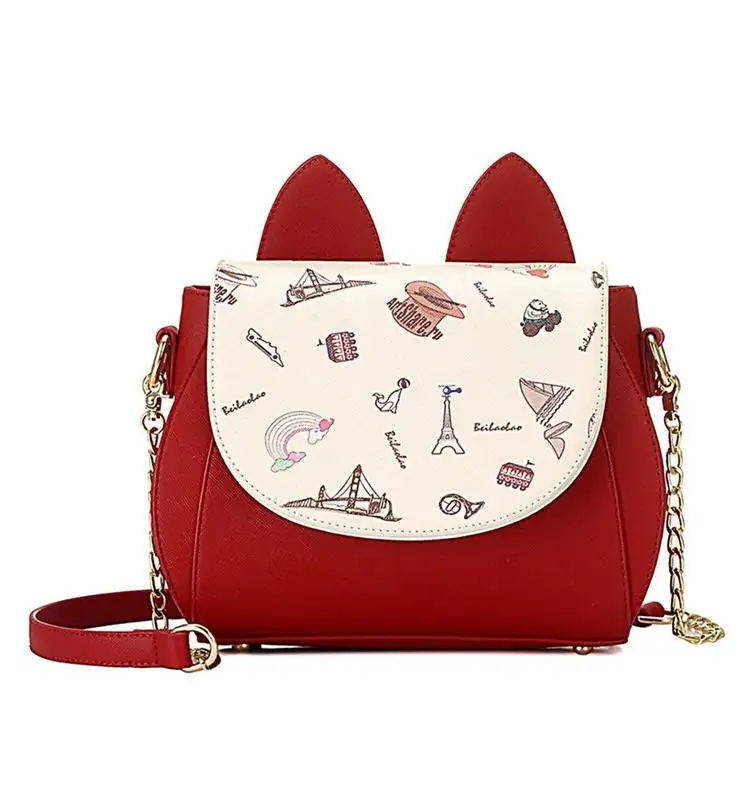 New Design Women Girls Cute Cat Ears Cartoon Patterns Small PU Leather Handbag Cross Body Shoulder Bag Sling