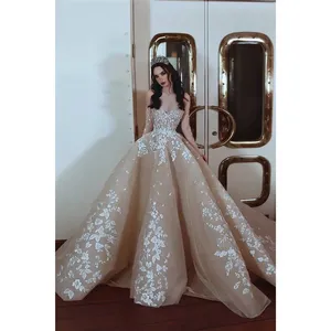New Designer Wedding Gowns Off Shoulder Champagne Floral Luxury Wedding Dress Puffy Ladies Dresses With Long Sleeve Bridal Dress