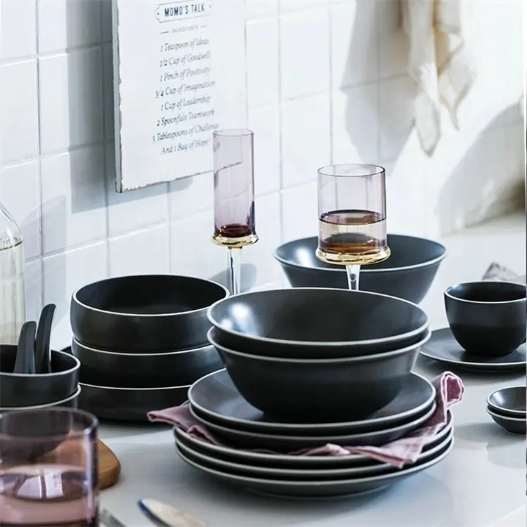 Household European Style Grey Dish Plates Ceramic Plate Set Porcelain Dinnerware