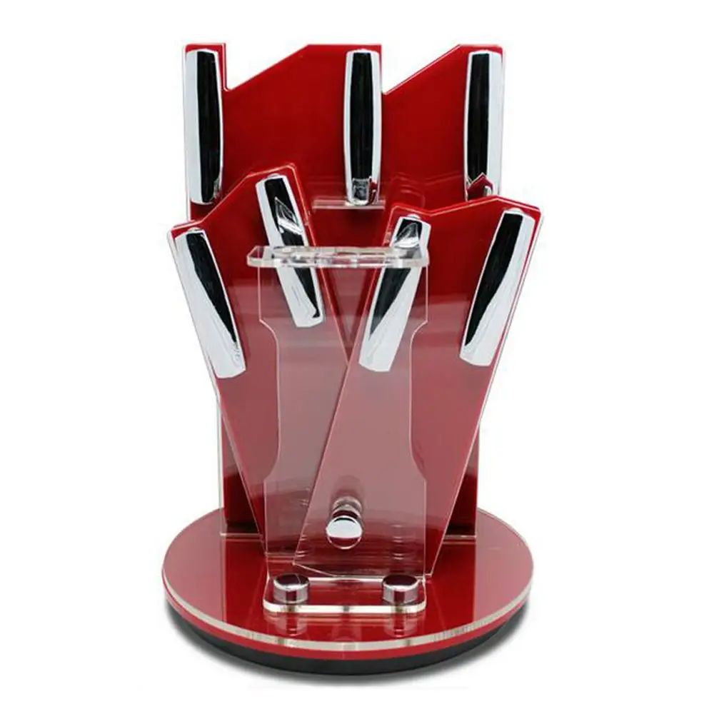 360 Rotating 3 Layer Acrylic Kitchen Knife Block Set Ceramic Knife Storage Stand Holder (Red)