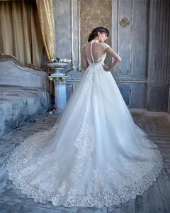 Abito da sposa elegante con collo alto di marca una linea manica con cappuccio in pizzo Applique abiti da sposa Vintage bottoni abiti da sposa con retro trasparente