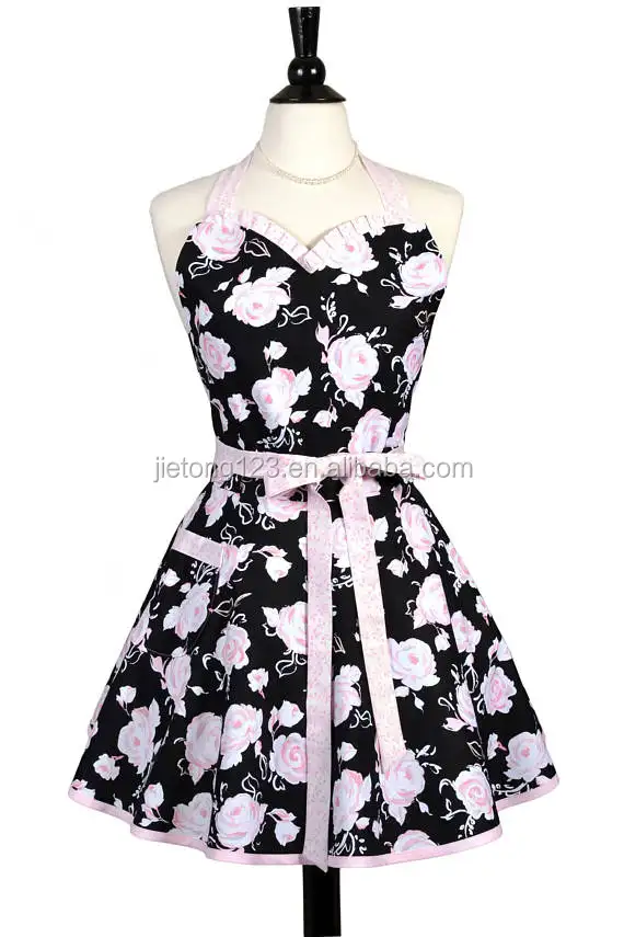 Sweetheart Apron Black and Baby Pink Rose Floral Womans Vintage Inspired Kitchen Aprons