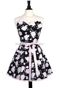 Sweetheart Apron Black And Baby Pink Rose Floral Womans Vintage Inspired Kitchen Aprons