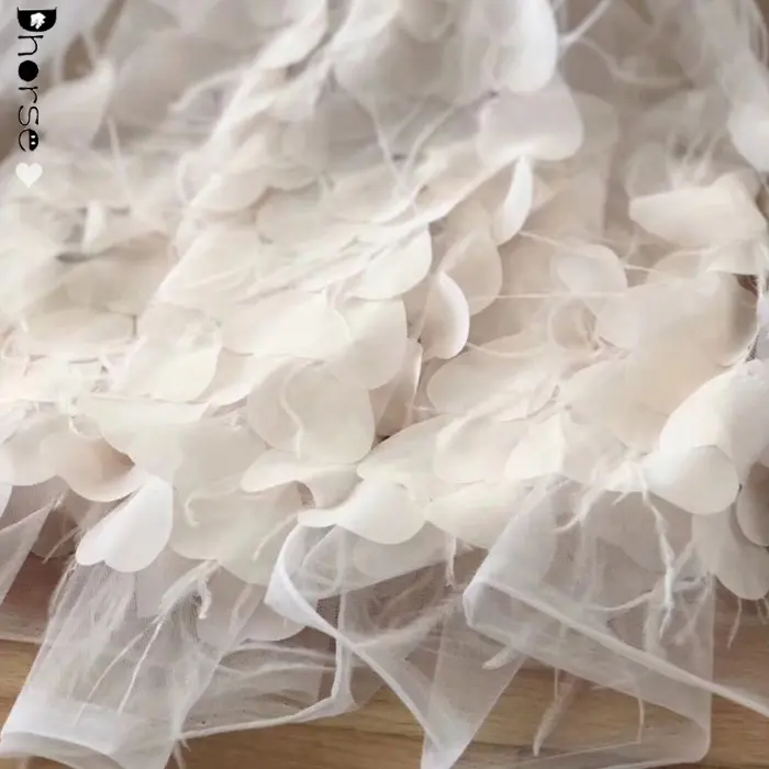 Have stock delicate pure white chiffon fabric feather lace fabric with ostrich feather for dancing wear