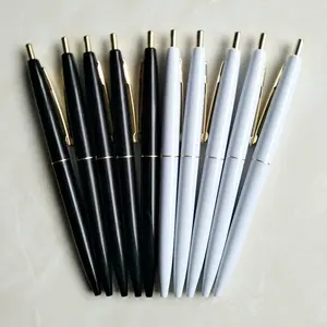 Customized metal clip black white plastic ballpoint pen with promotional logo