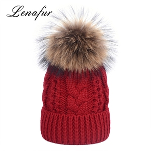 Personalized twist THREAD knitted natural raccoon fur POM hat - Product Image 1