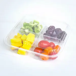 4 Compartments Transparent PET Plastic Fruit Vegetable Salad Packaging Box With Hinged Lids Disposable Salad Container