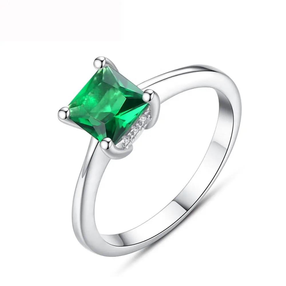 CZCITY High Quality Unique Trendy 925 Silver Rhodium Plated Sterling Engagement Wedding S925 Green Emerald Ring