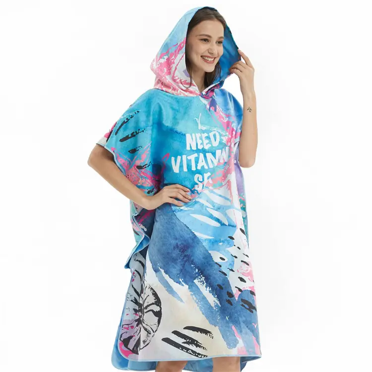 Custom Adults Men & Women Digital Printed Beach Hooded Microfiber Surf Color Wet Suit Changing Towel with Hood