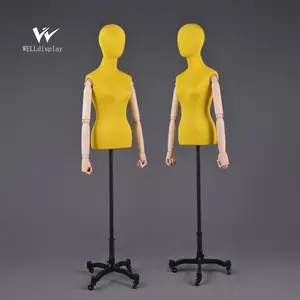 cheap yellow fabric wrapped bust women wooden arms manequins display