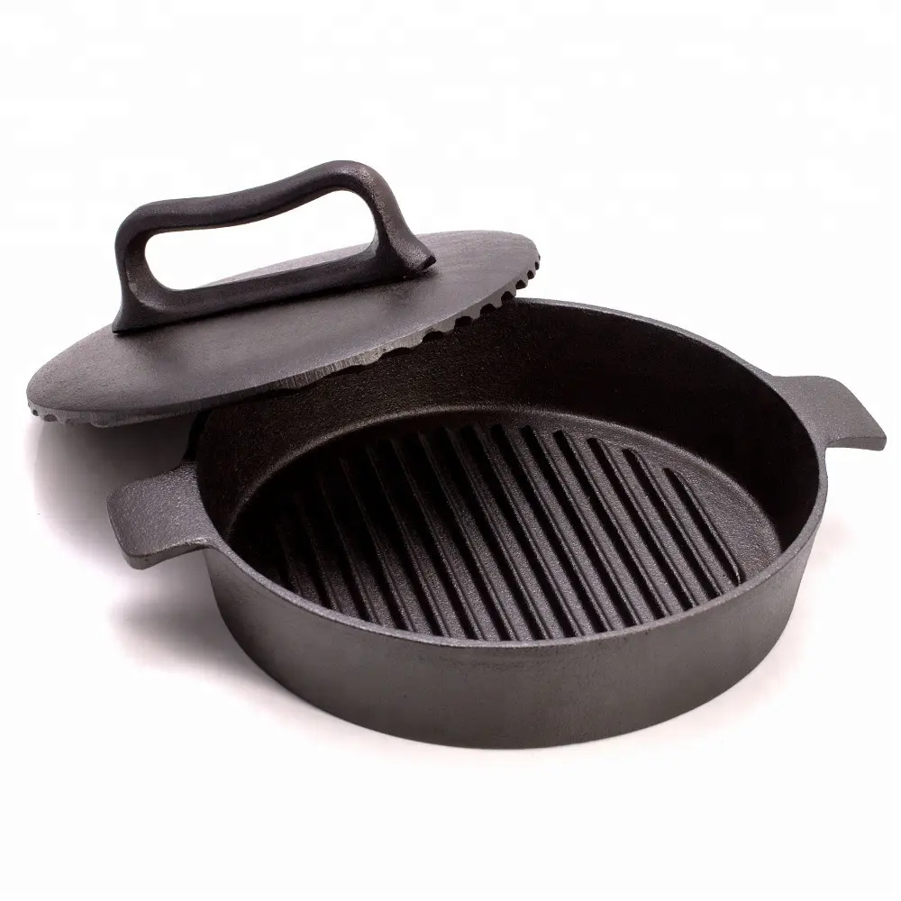 Cast Iron Frying Pan Skillet Cake Baking Grill Pizza With Press