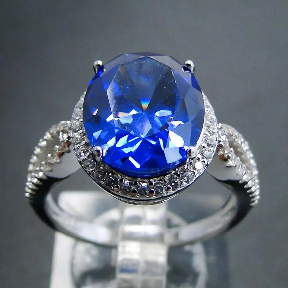 Pretty Jewelry 925 Sterling Silver CZ Diamond Blue Tanzanite Engagement Ring For Women
