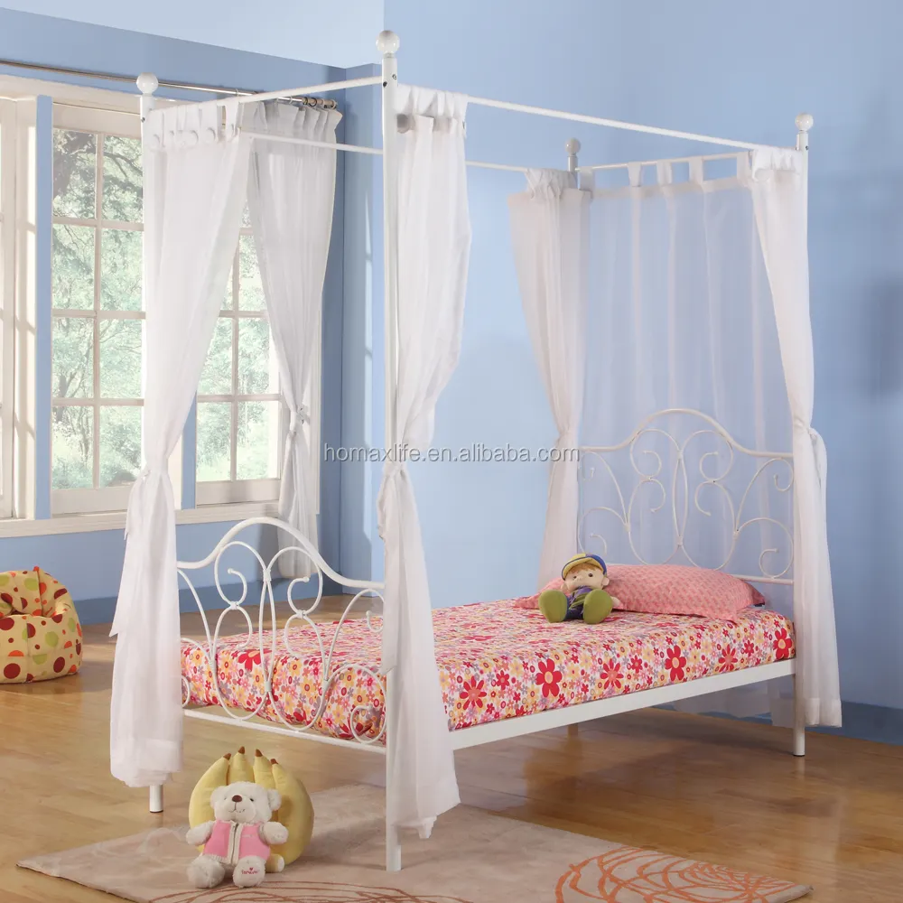 Hot koop slaapkamer meubels meisjes metalen ijzer wit queen size luxe prinses luifel bed