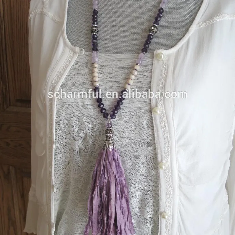 NS1903125 Purple and Beige Sari silk Tassel necklace Long Romantic Roundel Crystal Bead Sari Silk Tassel Necklace