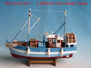 Model Kapal Udang Kayu, 46X14X36.5Cm, 3C Biru/Putih/Merah, Model Kapal Kepiting Memancing Klasik, Model Replika Kapal Kapal Pesiar Laut