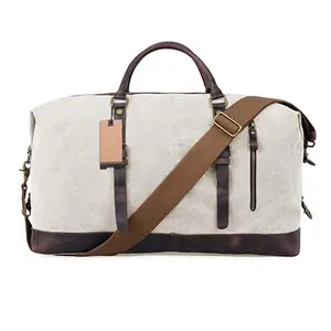 Fourre-tout personnalisé en toile imperméable avec bordure en cuir pour hommes Sac à main à bandoulière Sac de week-end de voyage