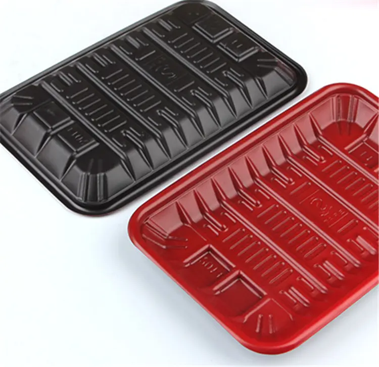 Bandeja de alimentos congelados descartáveis, bandeja plástica preta vermelha para embalagem de carne do supermercado