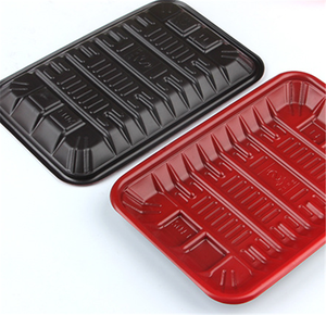 Bandeja desechable para alimentos congelados, bandeja de plástico para alimentos empaquetados en negro y rojo para supermercado - Product Image 1