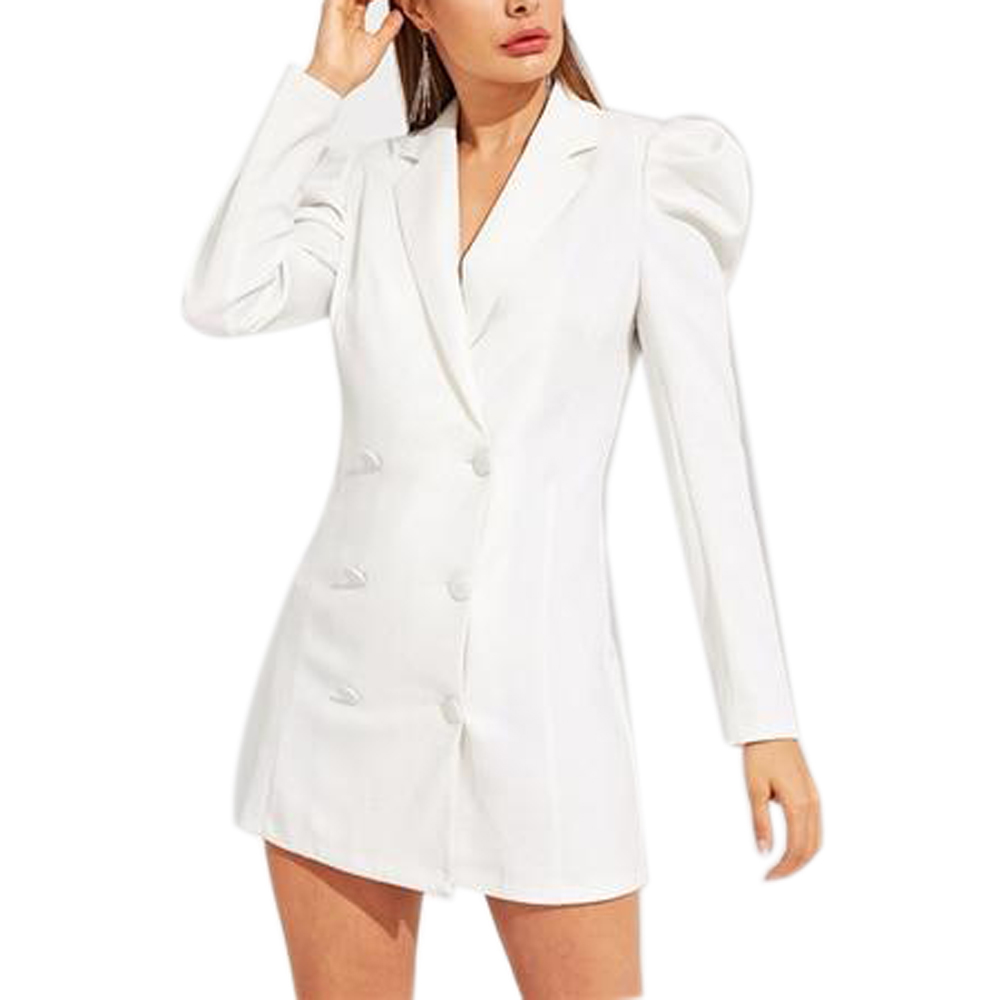 Mini vestido blazer feminino, casual, para escritório, manga bufante dupla, branco, para adultos