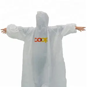 Factory Printed White Disposable Plastic Rain Coat Waterproof with Hood