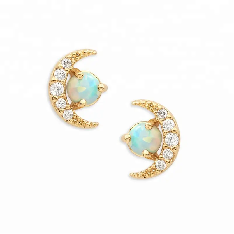Perhiasan Emas 14K Gemnel Anting Kancing Opal Bulan Sabit Berlian Buatan Wanita