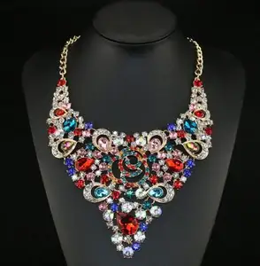 Row Clear Full acrylic Rhinestone Crystal Silver Plated Alloy Choker Bib Necklace