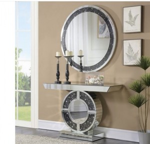 Telite Modern <strong>Black</strong> Grey Crystal Diamond Mirrored <strong>Console</strong> <strong>Table</strong> with Round Wall Mirror Furniture - Product Image 1