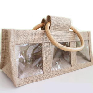 ที่กำหนดเองJute Tote <span class=keywords><strong>3</strong></span>ขวดไวน์กระเป๋าหน้าต่างพีวีซีโปร่งใส - Product Image 4