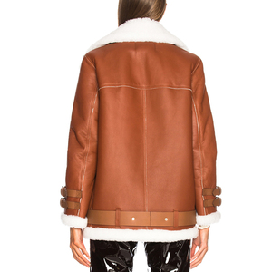 OEM Women <strong>Long</strong> Sleeve Buckle Strap Fur Collar <strong>Leather</strong> <strong>Jacket</strong> - Product Image 4