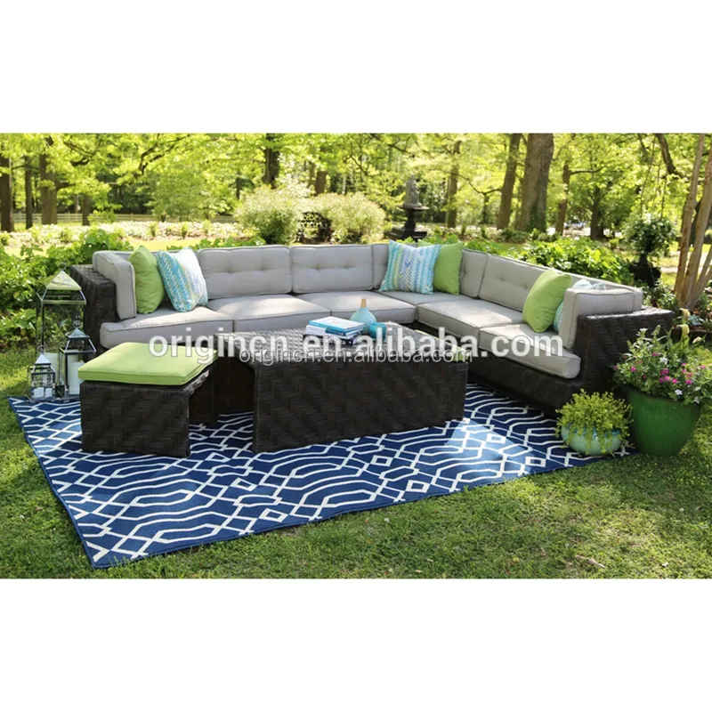 Conjunto de sofá de vime otomano oculto em forma de L para jardim e pátio estilo canyon 7 lugares cor verde brilhante