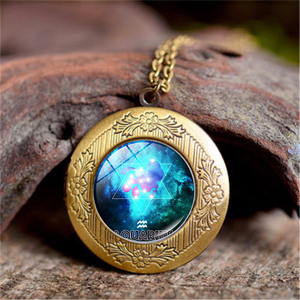 12 símbolo del zodiaco foto caja Locket colgante collar vintage oro cristal colorido acuario Piscis Escorpio signo Locket collar - Product Image 2