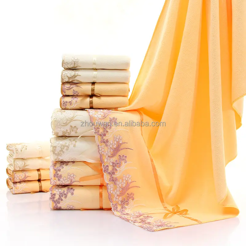 wholesale Stock lots brown cotton bath towel with cross stitch embroidery patterns