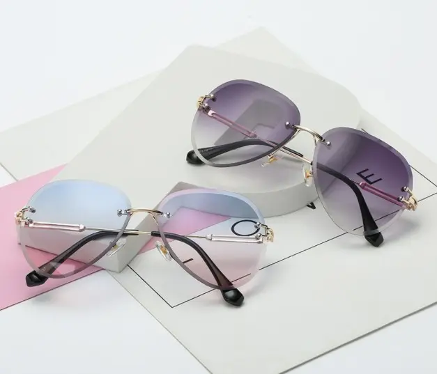 B207 çerçevesiz güneş gözlüğü UV400 degrade Shades kesme Lens çerçevesiz metalik güneş gözlüğü
