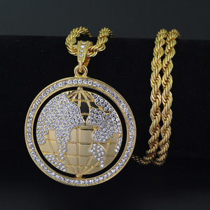 Nuova Collana con <span class=keywords><strong>Ciondolo</strong></span> Mappa del <span class=keywords><strong>Mondo</strong></span> in Cristallo Personalizzata, Gioielli Hip-Hop Dorati 2018 - Product Image 5